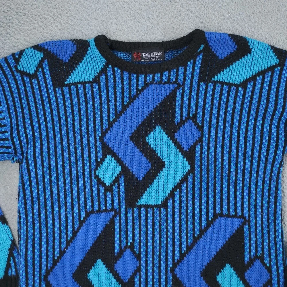 Prince Bernado Sweater Mens Blue Geometric Knitted Acrylic Long Sleeve Pullover